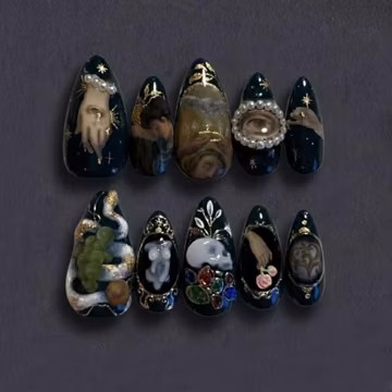Handmade Renaissance Gallery Press On Nails | Luxury 3D Silver Snake & Skull Art | Dark Academia Aesthetic - Pearl - Oil Painting Fake Nails