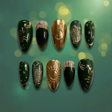 3D Celestial Press On Nails | Emerald Green Gothic Fake Nails