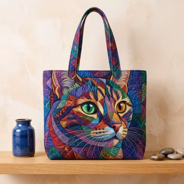Custom Name Colorful Cat Lovers Quilted Tote Bag, Gift for Animal Lovers Handbag Gift for Women, Pet Lovers Birthday Gift for Her