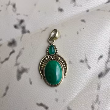 Green Malachite Pendant, Oval Pear Stone, 925 Sterling Silver