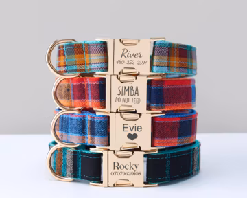 Personalized Scottish Tartan Plaid Dog Collar and Leash Set with Bow Tie, Custom Engraved Name Plate, Adjustable Puppy Collar, Pet Gift