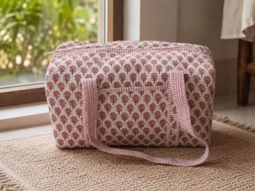 Quilted Duffel Bag Pink Floral Block Print, Cotton Weekender Bag, Overnight Travel Bag, Carry On Gym Bag, Handmade Boho Duffle Tote, Gift