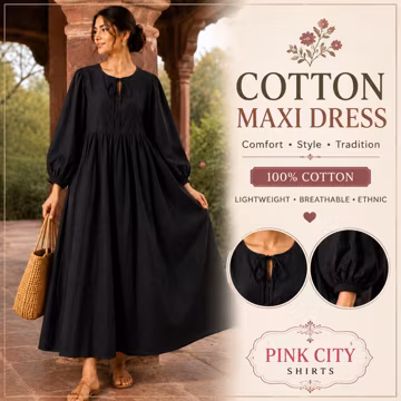 Women's Black Cotton Maxi Dress | Long Sleeve Boho Dress | Loose Fit Cotton Dress | Everyday Midi Dress