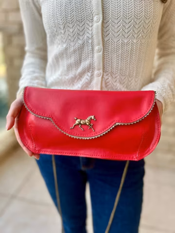 Red Kentucky Derby clutch, red leather evening bag, horse purse, royal ascot bag, red crossbody clutch with cherries, valentines day gift