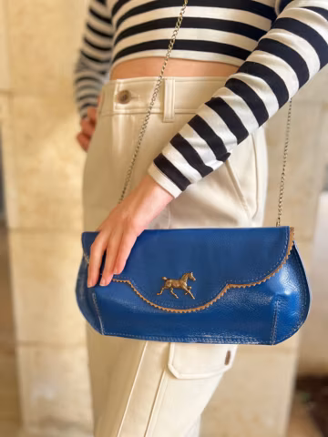 Blue horse clutch, Kentucky Derby horse clutch, derby bag, Blue leather clutch with a horse ornament, blue evening bag,