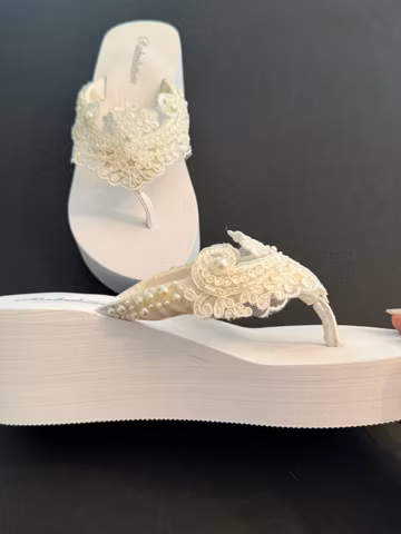 Ivory Lace Wedding Flip Flops, Pearl Bridal Wedges