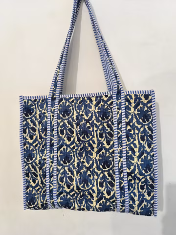 Handmade Floral Block Print Tote Bag: Quilted Cotton Shoulder Bag