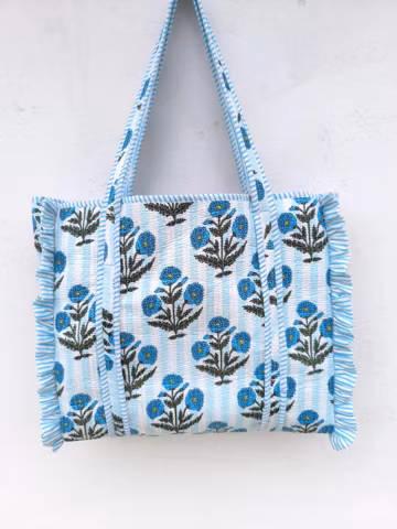 Floral Print Quilted Cotton Tote Bag: Large Handmade Indian Handbag