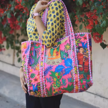 Pink Frida Inspired Quilted Cotton Tote Bag: Reversible Indian Handmade Art