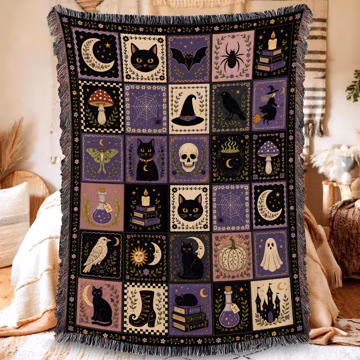 Spooky Halloween Books Woven Blanket, Gothic Patchwork Blanket, Reading Lover Gift