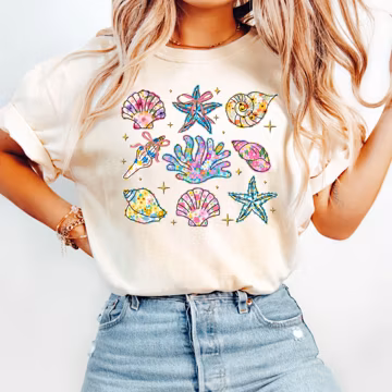 Comfort Colors® Seashell Shirt, Floral Coastal Grid Tee, Cottagecore Beach Shirt, Summer Vacation Gift