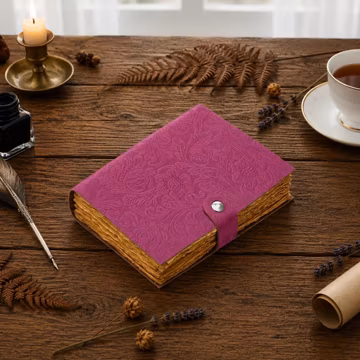 Pink Leather Writing Journal – Vintage Travel Diary, unlined Sketchbook with Handmade Deckle Edge Paper