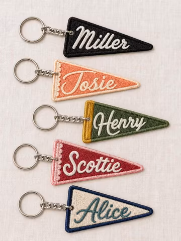 Pennant Name Embroidered Keychain, Personalized Fabric Patch Key Ring, Custom Backpack Name Tag, Colorful Bag Charm, Small Gift