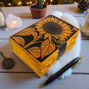 Sunflower Leather Journal – Handmade Floral Writing Notebook with Lock