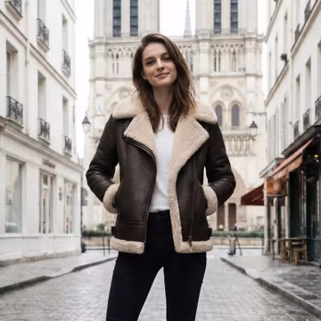 Women Aviator Style Shearling Jacket Fur Lined Brown Sheepskin Leather Coat