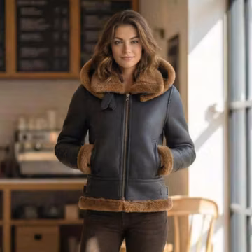 Women's Hooded Black Shearling Aviator Leather Jacket, Vintage Sheepskin Coat