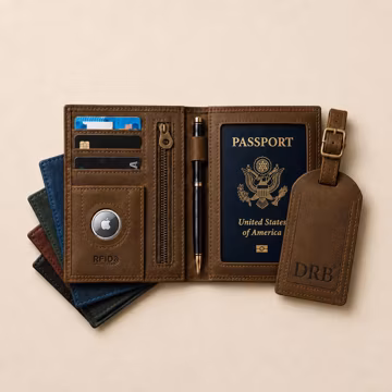 Personalized Genuine Leather AirTag Passport Holder & Luggage Tag Set, RFID Protection, AirTag Slot, Custom Travel Gift
