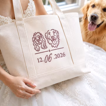 Newlywed Gift With Pet Portrait Embroidered Tote Bag, Personalized Cotton Canvas Tote With Couple Names and Wedding Date