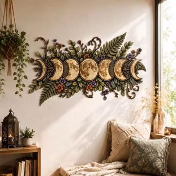 2D Floral Moon Phase Horizontal Metal Wall Sign, Flat Cut Botanical Fern Wildflower Lunar Cycle Boho Bedroom Living Room Wall Decor