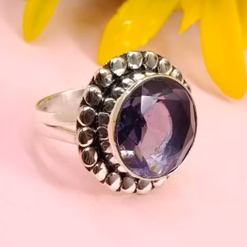 Boho Amethyst Ring: Faceted Round Cut, 925 Sterling Silver