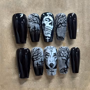 Handmade Macabre Skull & Nun Press On Nails | Graveyard Silhouette Fake Nails | Black Gel Nails