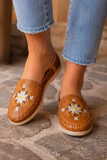 Mexican Leather Embroidered Huarache Sandals | Handmade Slip-On Flats | Neutral Floral Design | Artisan Shoes Made in Mexico