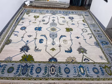 Unique hand knotted Blue Green Oushak Rug – Handmade Turkish Style Wool Area Rug, Vintage Inspired Floral Oushak Carpet