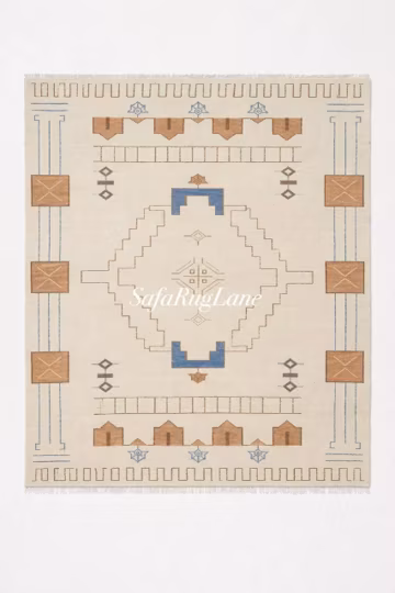 Hand Knotted Wool Rug Geometric Tribal Design Beige Blue Brown Carpet 8x10 10x14 12x15 12x18 12x12 Boho Area Rug Vintage Style Handmade Rug
