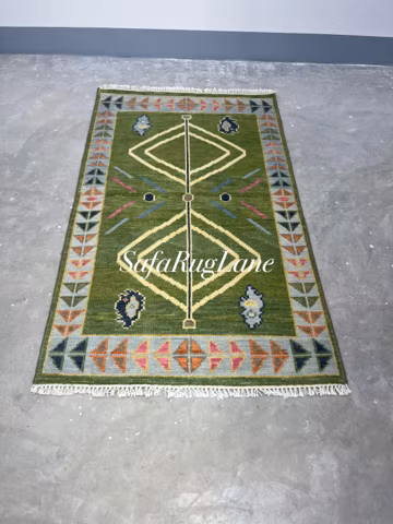 Unique Green Oushak Rug, Handmade Turkish Oushak Carpet, Vintage Geometric Tribal Rug, Pastel Border Wool Area Rug for Living Room Bedroom