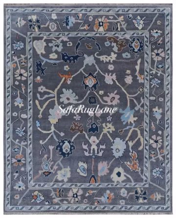 Hand Knotted Rug Grey Oushak, Blue Ivory Floral Carpet 8x10 10x14 10x16 12x15 12x18 Available size