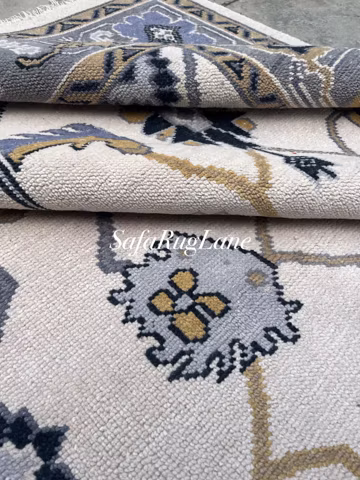 Vintage Style Oushak Rug | Ivory Base with Blue & Grey Tribal Floral Motifs