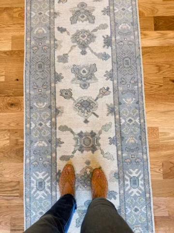 Luxury Oushak Runner Rug, Handmade Wool Area Rug, Custom Turkish Style Rug, Vintage Floral Hallway Runner, Neutral Blue Rug