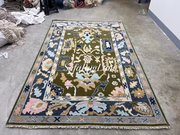 Hand Knotted Oushak Rug | Green Turkish Wool Carpet | Vintage Style Area Rug | 8x10 9x12 Living Room Rug Oriental Bohemian Rug | Quick Ship