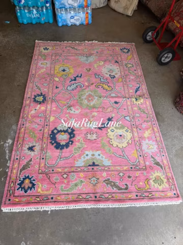 Unique Hand knotted Pink Oushak Rug Vintage Turkish Style Floral Carpet Soft Pastel Boho Area Rug Cottagecore Farmhouse Decor