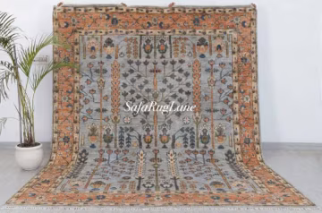 Vintage Oushak Area Rug, Handwoven Wool Turkish Rug, Muted Blue & Terracotta Floral Carpet, Boho Farmhouse Living Room Rug