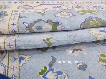 Hand Knotted Turkish Oushak Rug - Pastel Blue Floral Design - Vintage Anatolian Handmade Wool Area Carpet - Boho Chic Floor Decor - 8x10 ft