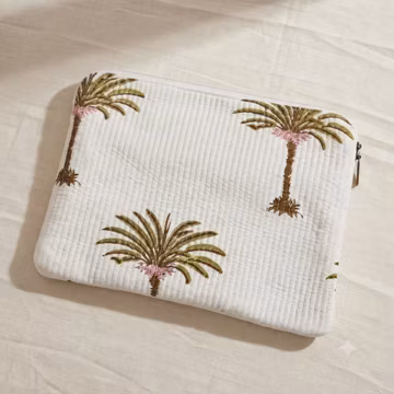 Hand Block Printed Cotton Palm Tree Laptop Sleeve, Quilted MacBook Pouch (13", 15")