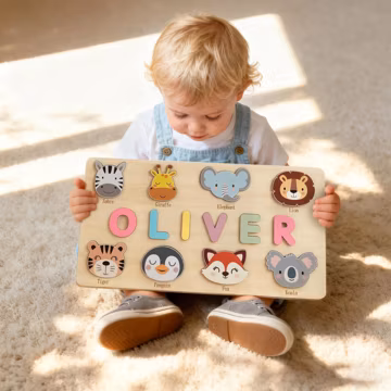 Personalized Wooden Name Puzzle, Handmade Name Puzzle with Animals, Christmas Gifts for Toddlers, First Birthday Gift, Wood Toy