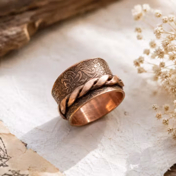 Solid Copper Spinner Ring, Handmade Floral Meditation Ring for Women, Textured Wide Band Worry Ring, Fidget Anxiety Ring, Christmas Gift