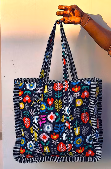 Floral Quilted Tote Bag, Colorful Fabric Shoulder, Large Capacity Market