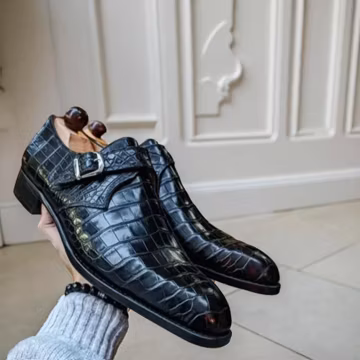 Black Crocodile Leather Monk Strap Luxury Handmade Dress Shoes for Men