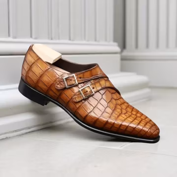 Men's Tan Crocodile Leather Double Monk Luxury Handmade Dress Shoes