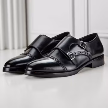 Black Double Monk Strap Cap Toe Brogue Shoes for Men Handmade Leather Dress Shoes