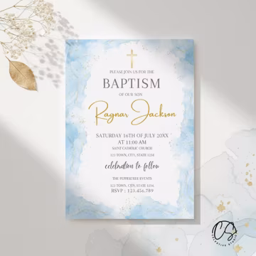Digital Blue Gold Baptism Invitation Boy – Editable Canva Template Watercolor Christening Invitacion Bautizo