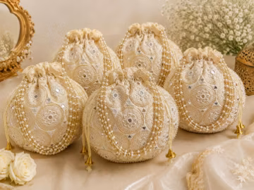 Luxury Ivory mirror work Potli Bag with Pearl Tassels & Hand Embroidered | Bridesmaid Gift