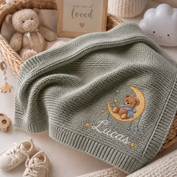 Personalized Bear Baby Name Blanket, Custom Embroidered Knit Baby Name Blanket, Welcome Baby Nursery Keepsake, Newborn Gift
