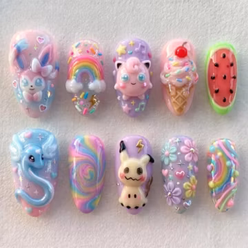 Kawaii Pokemon Press On Nails | Magical Anime Vibe | Sweet Pastel Almond Nails | Swirl Mini Daisy Nail | 3D Sculpted Gel Art Nail