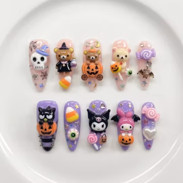 Kawaii Halloween Character Press On Nails | Candy Spooky Inspiration | Long Almond 3D Nails | Pumpkin Candy Bat Nail Art | Cute Charm Nails
