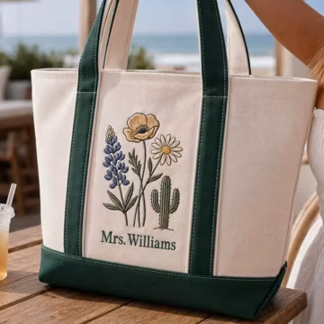 Custom Embroidered Tote Bag, Personalized Wildflower Canvas Bag, Mrs. Williams Wedding Gift, Monogram Floral Tote, Custom Bride Gift Bag