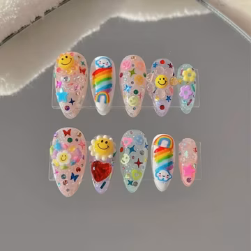 Rainbow Smile Press On Nails Cloud Flower Kawaii Colorful Nail Art Set